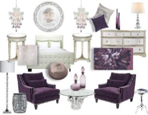 Bedroom suite with aubergine and cream color scheme